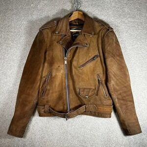 Vintage brown leather cafe racer style zip up motorcycle jacket